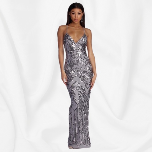 WINDSOR Women's Taisia Formal Sequin Scroll Dress in Silver (NWT)￨Size Medium - Picture 3 of 17